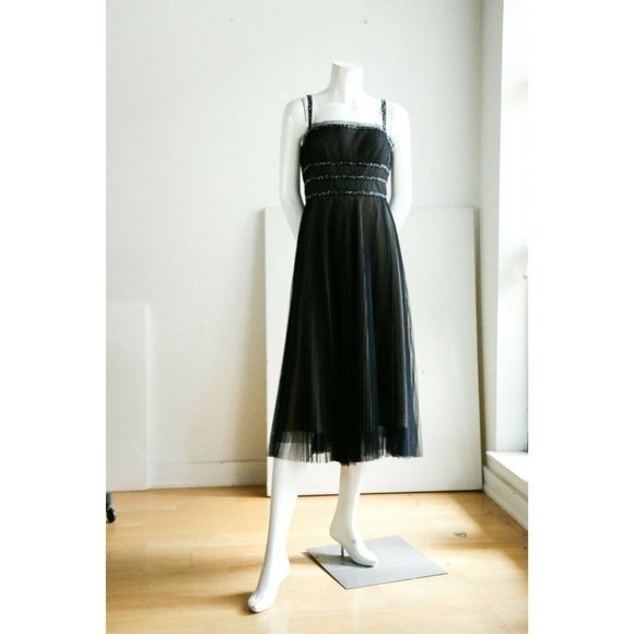 BCBG Max Azria Black Beaded Pleated Midi Cocktail Dress - Picture 2 of 13